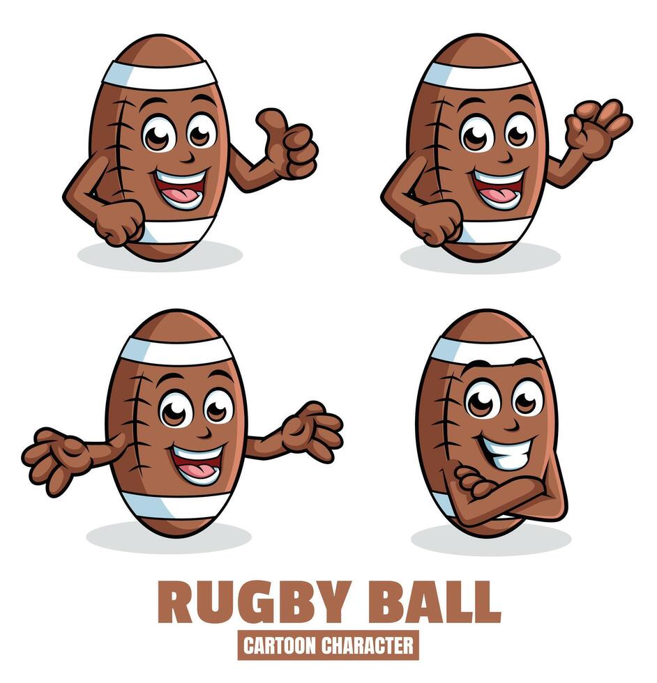 Rugby palla cartone animato portafortuna personaggio vettore illustrazione impostato nel diverso pose, pollice su, ok, sorpresa
