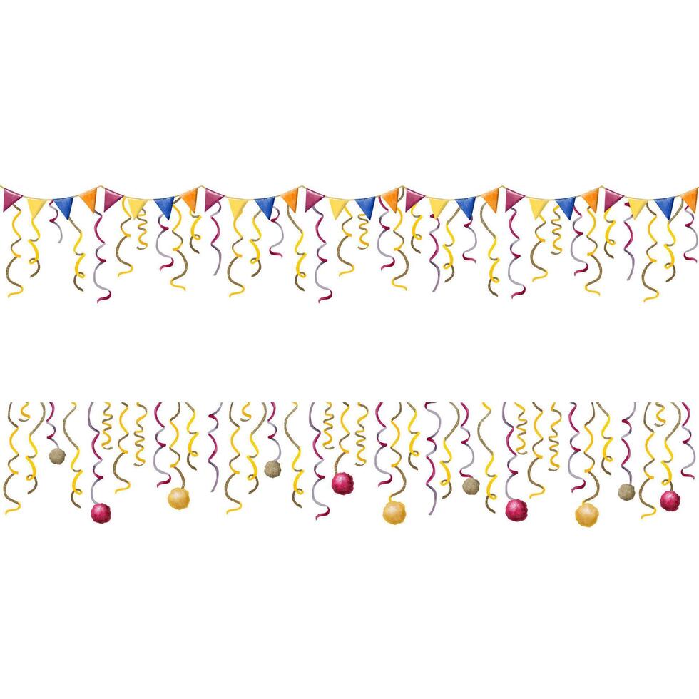 coriandoli nastri ghirlanda con pompon e bandiere orizzontale banner impostato per compleanno, Purim celebrazione disegni. acquerello vettore illustrazione