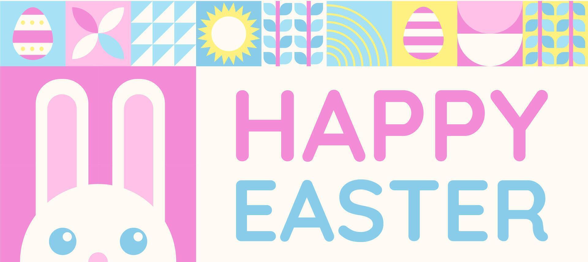 contento Pasqua bandiera con piatto grafico elementi e simboli di il vacanza, decorato uova e coniglietto, impianti disegni. vettore illustrazione con testo saluto.