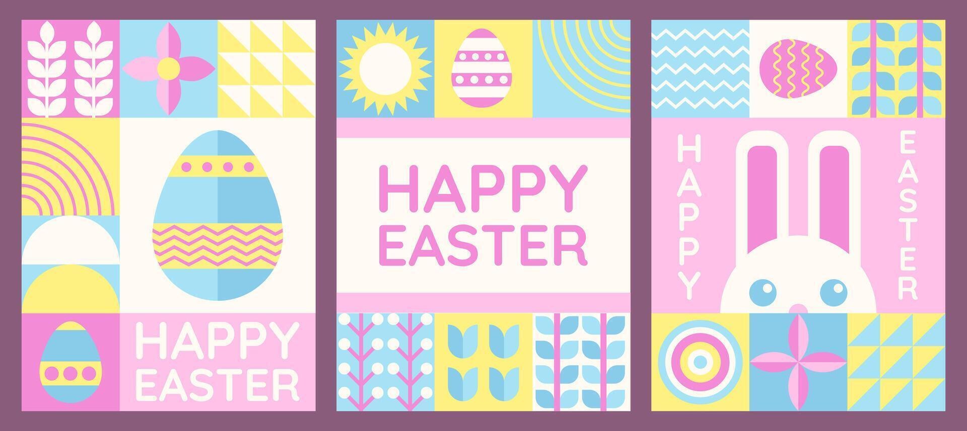 tre Pasqua vacanza manifesti nel piatto grafico geometrico stile con tradizionale Pasqua simboli, coniglio, uova e primavera ornamenti. vettore illustrazione.