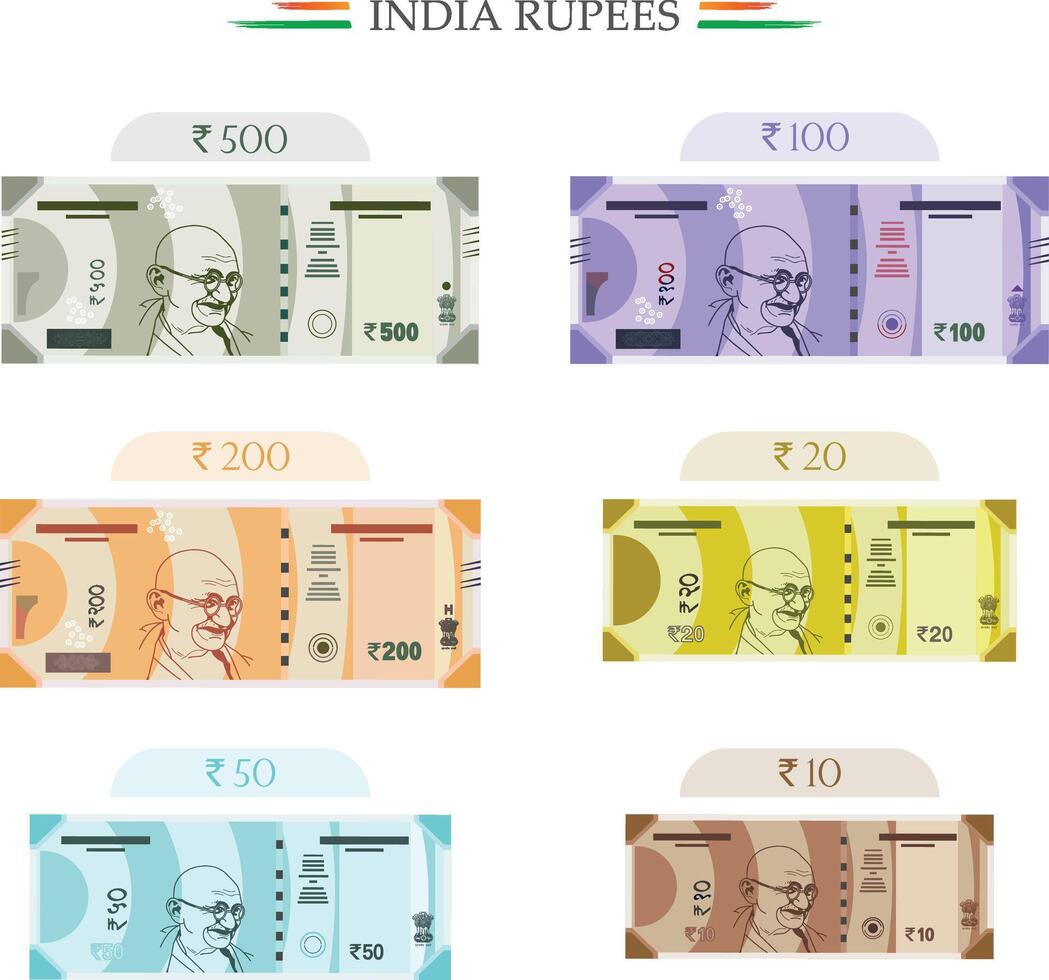 India rupie,10,20,100,200,500, India moneta Appunti vettore