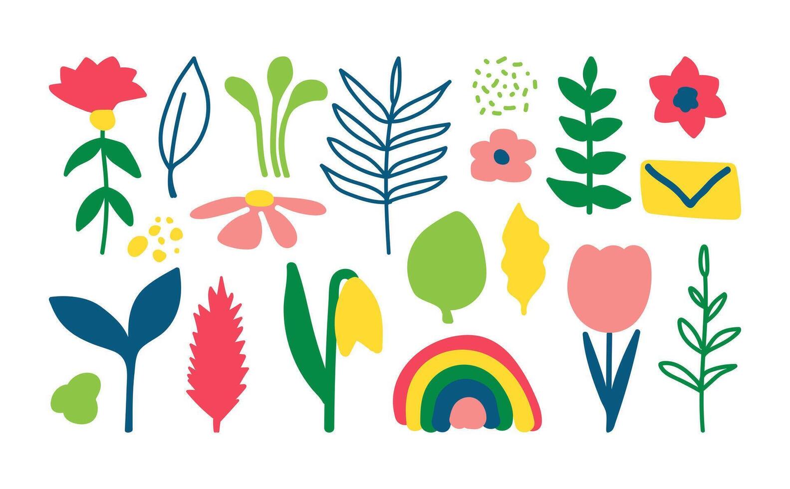 impostato di impianti e fiori nel stile di semplice bambini disegno. botanico colorato luminosa scarabocchio elementi. mano disegnato primavera verdura astratto design. vettore