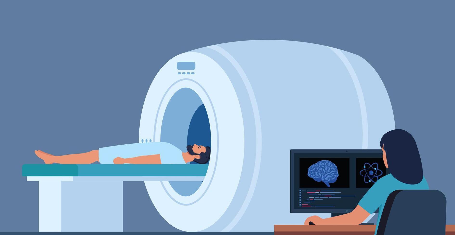 medico guardare a risultati di paziente cervello scansione su il tenere sotto controllo schermi nel davanti di mri macchina con paziente dire bugie fuori uso. piatto vettore illustrazione.