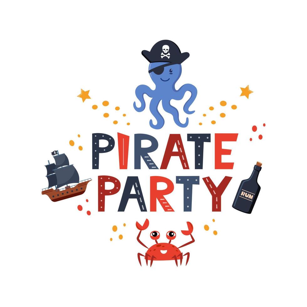vettore illustrazione pirata festa lettering con polpo nel di pirata cappello, nave, Rum, granchio. bambini logo emblema. tessile tessuto Stampa. vettore illustrazione.