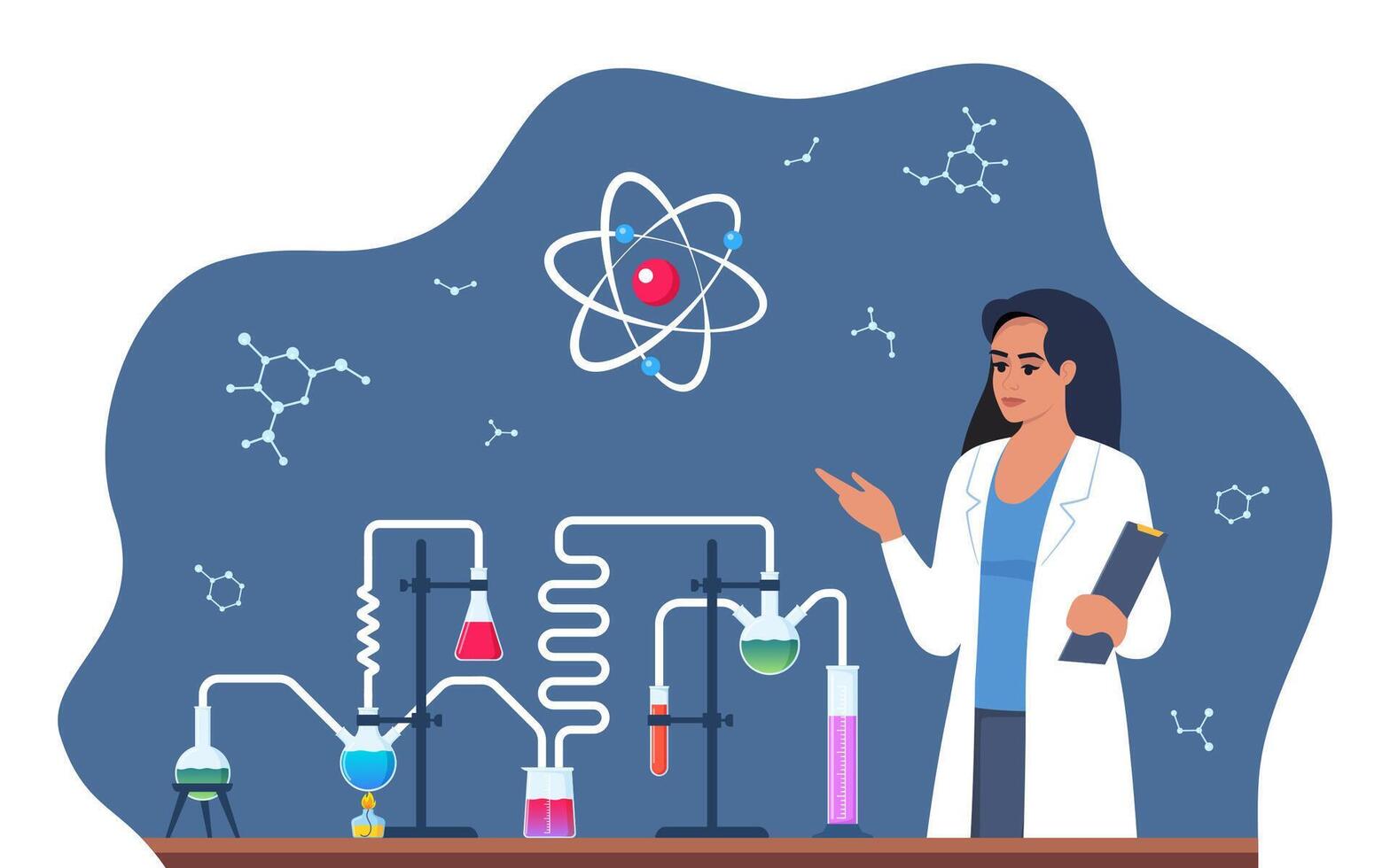 scienziato nel chimica laboratorio Lavorando su ricerca e esplorazione. boccette, fiale, test tubi con sostanza. laboratorio ricerca, test, studi nel chimica. vettore illustrazione.