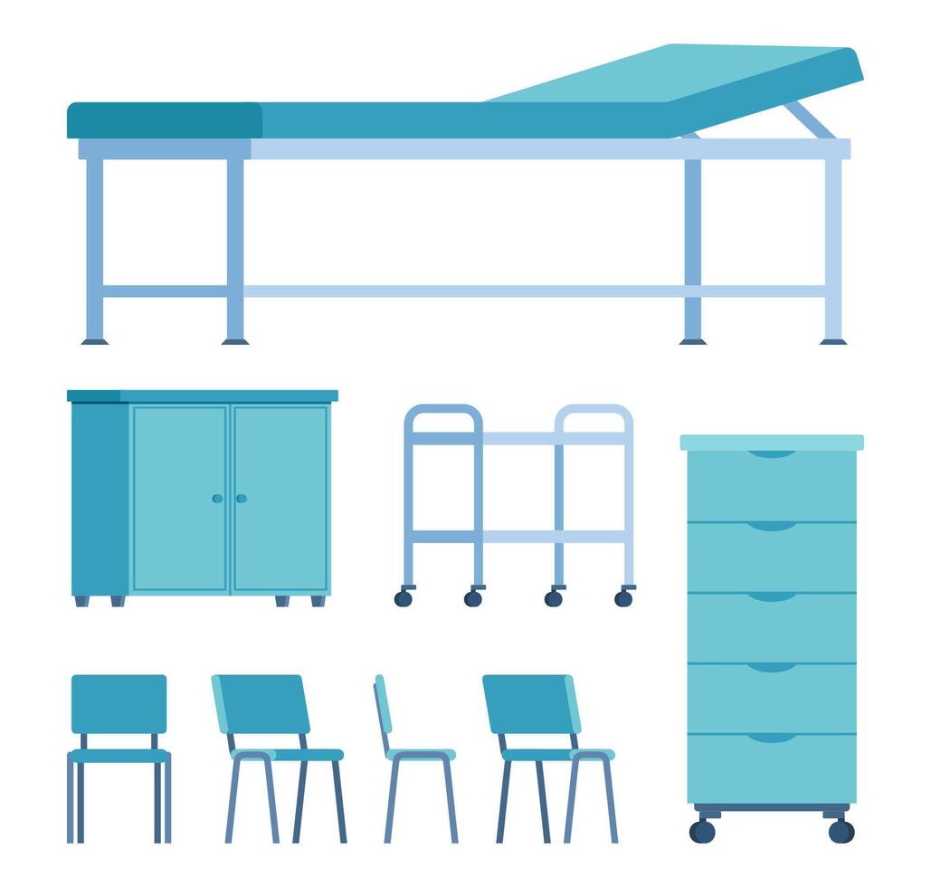 ospedale mobilia elementi. medici ufficio interno elementi. medico divano, sedia, capezzale tavolo, carrello. vettore illustrazione.