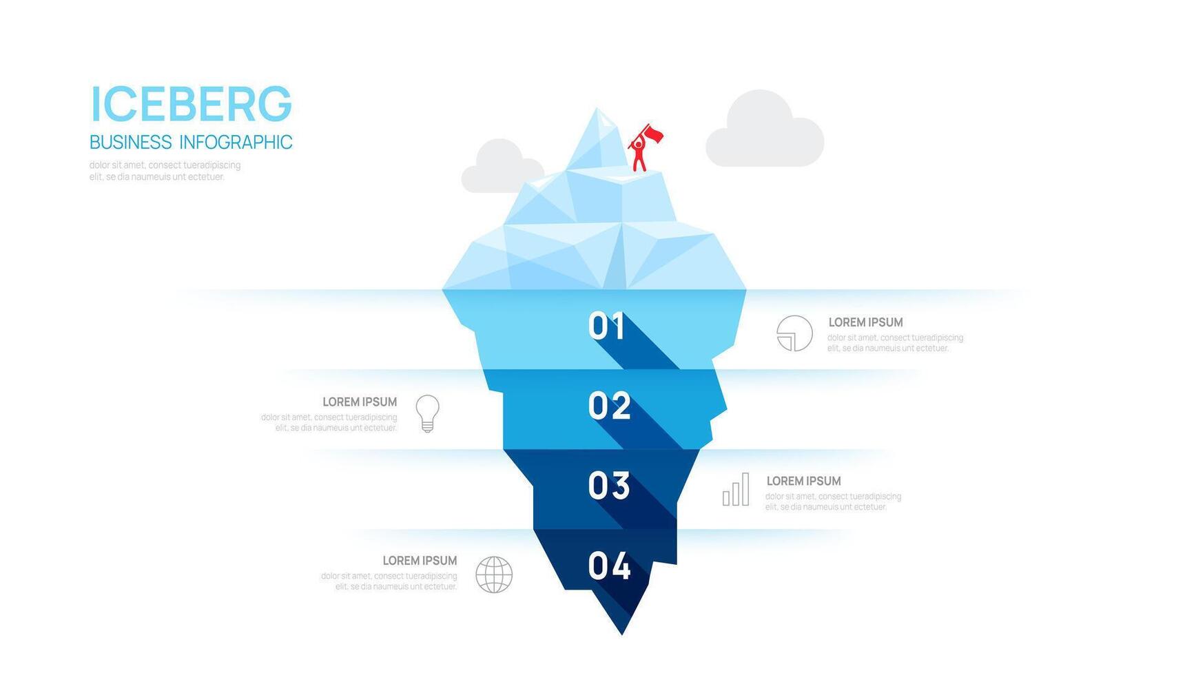 iceberg Infografica modello per attività commerciale. moderno 4 passaggi per successo. presentazione diapositiva modello, digitale marketing dati, presentazione vettore infografica.