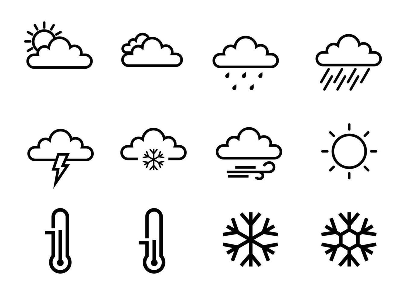 icona impostato tempo atmosferico, nuvoloso, pioggerella, piovere, neve, luminosa sole, schema disegno, nero e bianca, e 3d. eps 10. vettore
