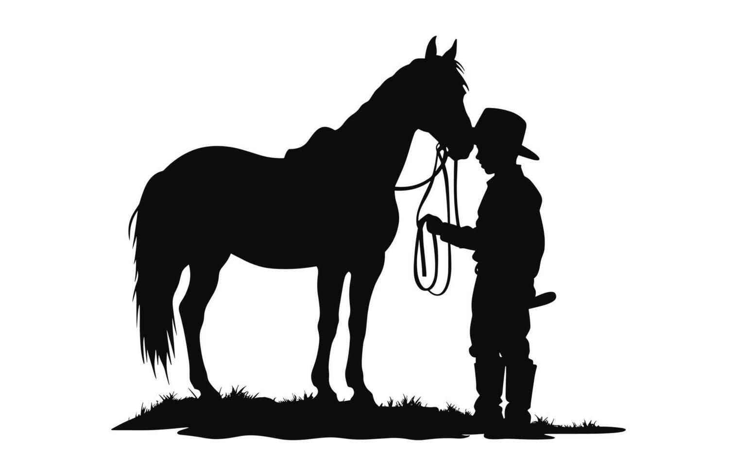 un' poco cowboy con cavallo nero silhouette vettore gratuito