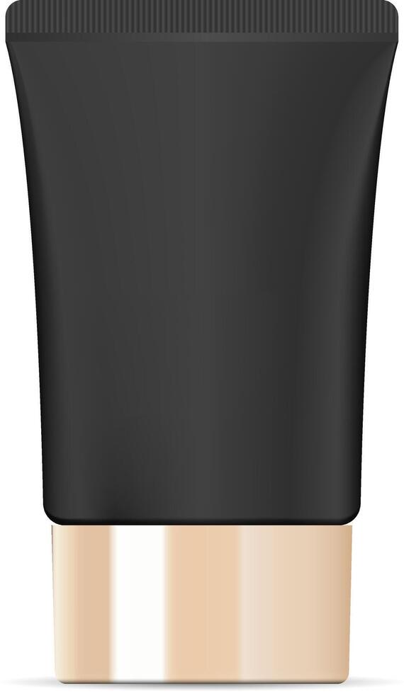 largo nero cosmetico crema tubo con lucido d'oro coperchio. alto qualità modello pacchetto. cosmetico vaso per crema, unguento, dentifricio, base, fondazione. vettore illustrazione.