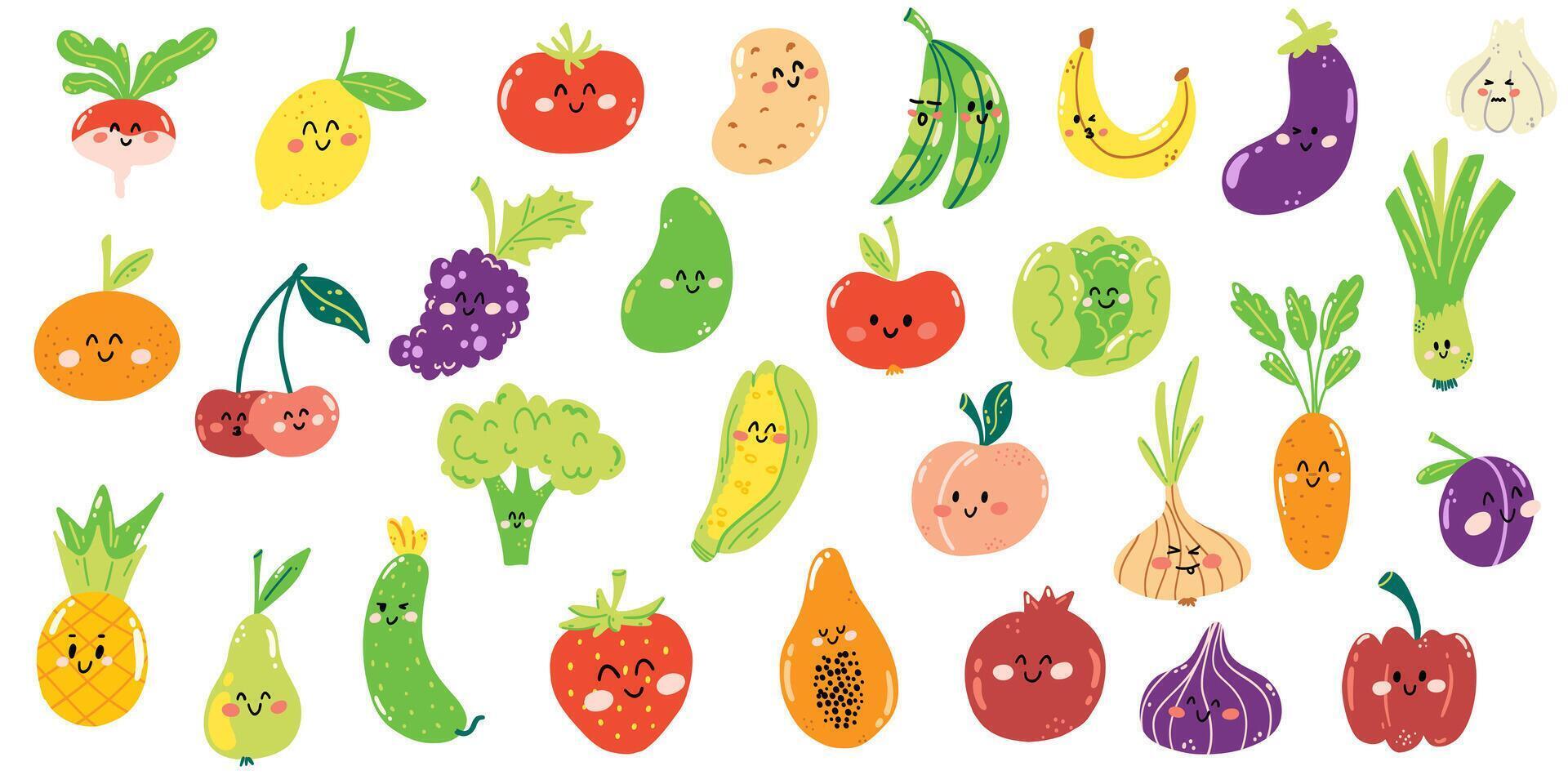 impostato di mano disegnato carino frutta e verdure nel kawaii stile. salutare fresco cibo pieno di vitamine, divertente bambini personaggi. vettore