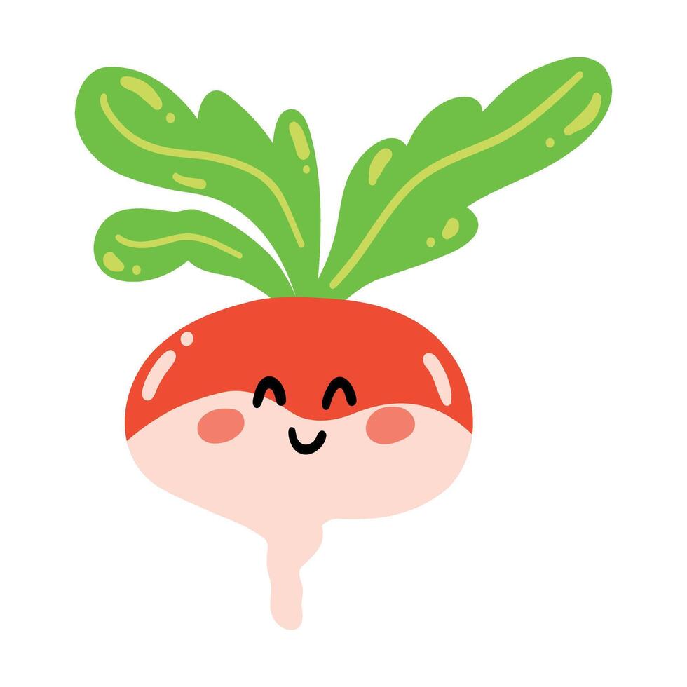 carino mano disegnato ravanello sorridente. kawaii divertente verdura personaggio per bambini vettore