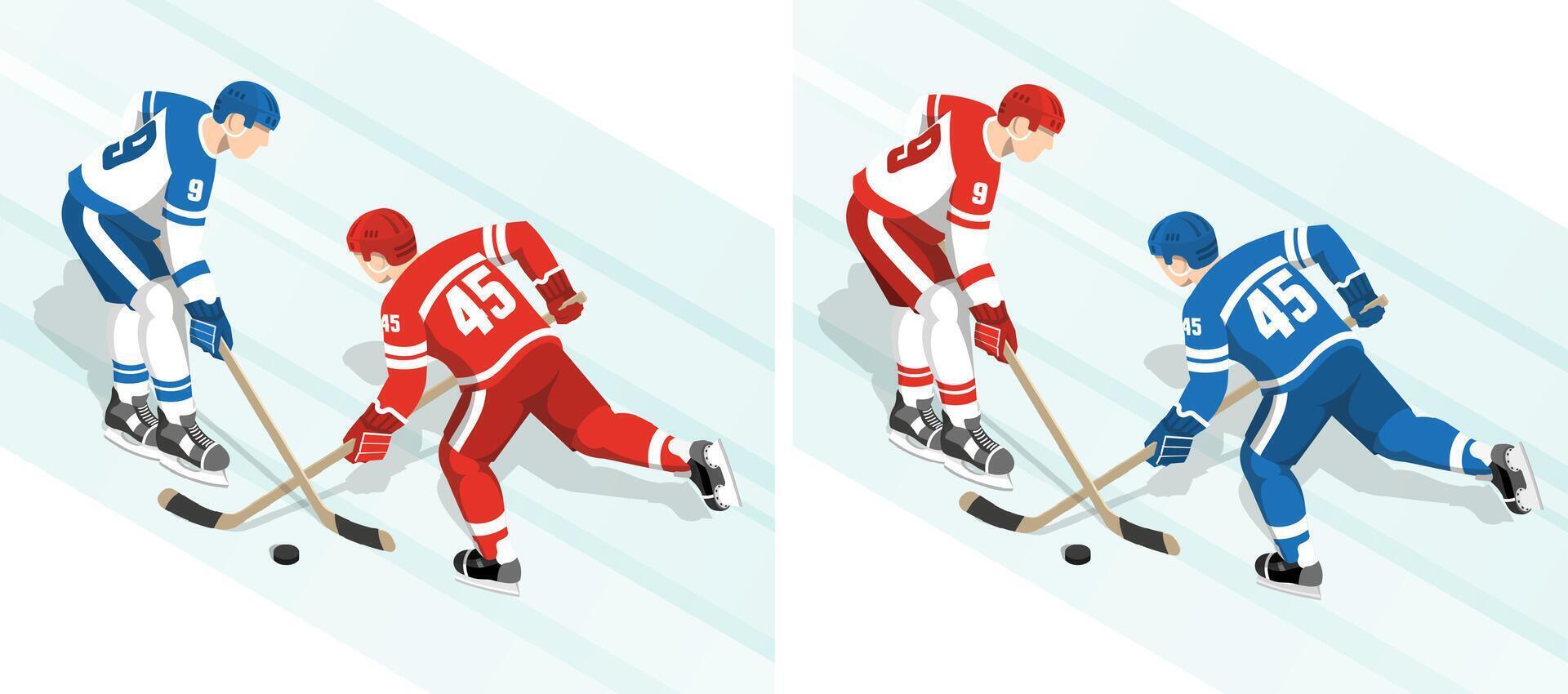 ghiaccio hockey Giocatori nel rosso e bianca blu uniforme vettore