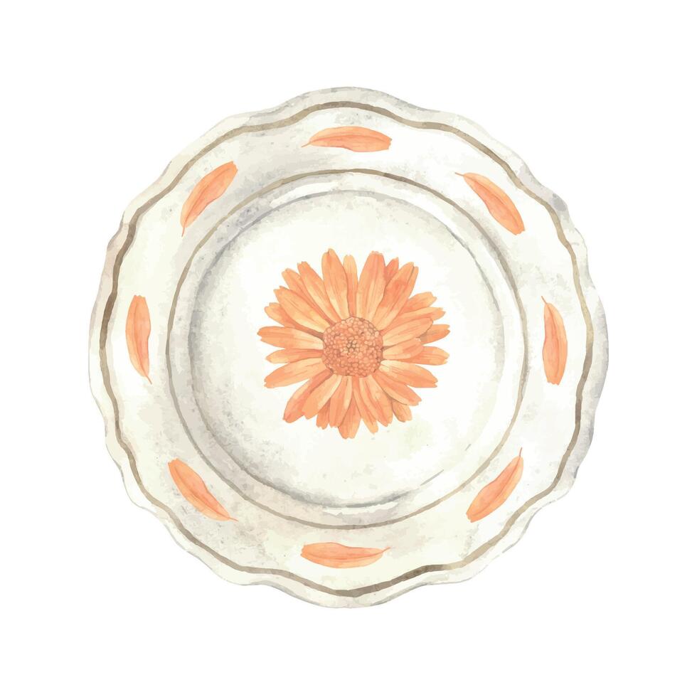 Vintage ▾ acquerello ceramica piatto con arancia calendula fiore. il illustrazione è mano disegnato su un isolato sfondo. disegno per menù design confezione manifesto sito web, tessile inviti opuscolo vettore