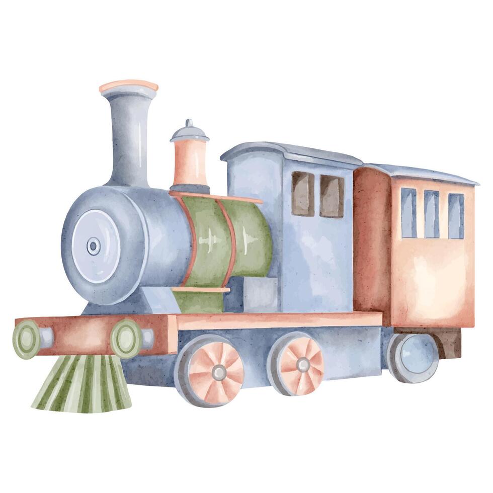 acquerello locomotiva. illustrazione di un' carino giocattolo treno. acquerello giocattoli. pastello colorato treno vettore