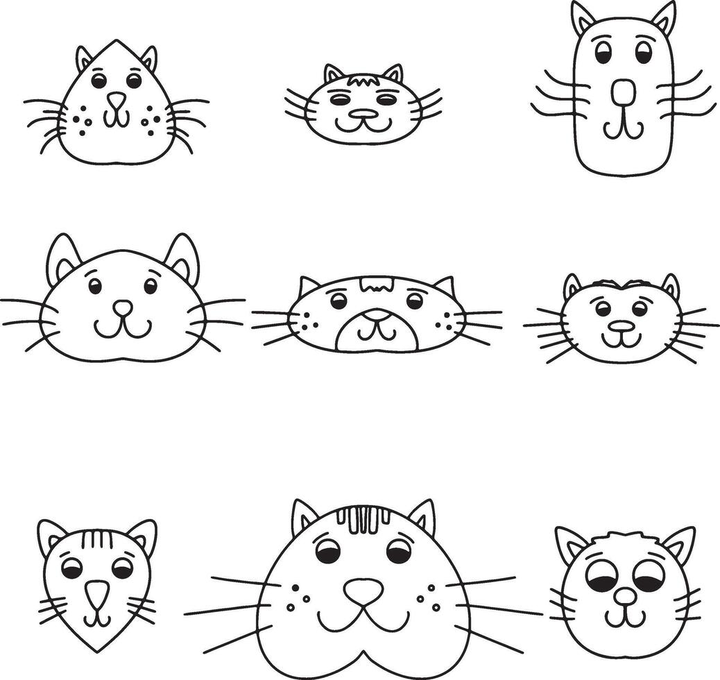 semplice gatto facce colorazione pagina per bambini. stampabile collezione per divertimento vettore