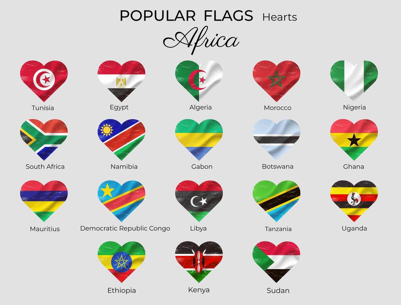 bandiere di africano Paesi. bandiera nel cuore forma grunge Vintage ▾. Africa bandiere impostare. Nigeria Uganda Egitto Kenia vettore