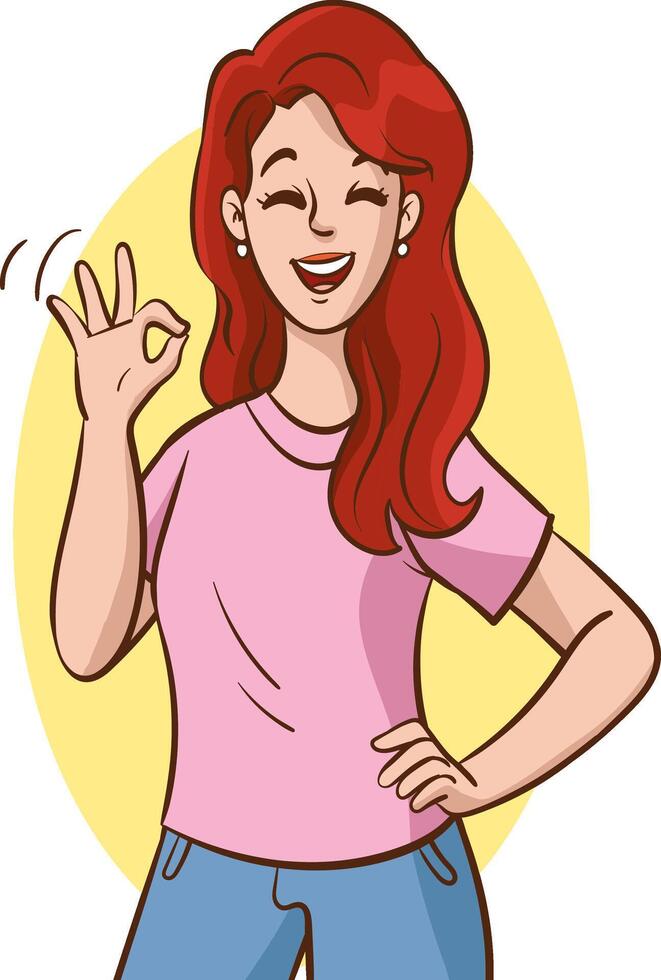 illustrazione di un' sorridente rosso dai capelli donna mostrando ok cartello vettore