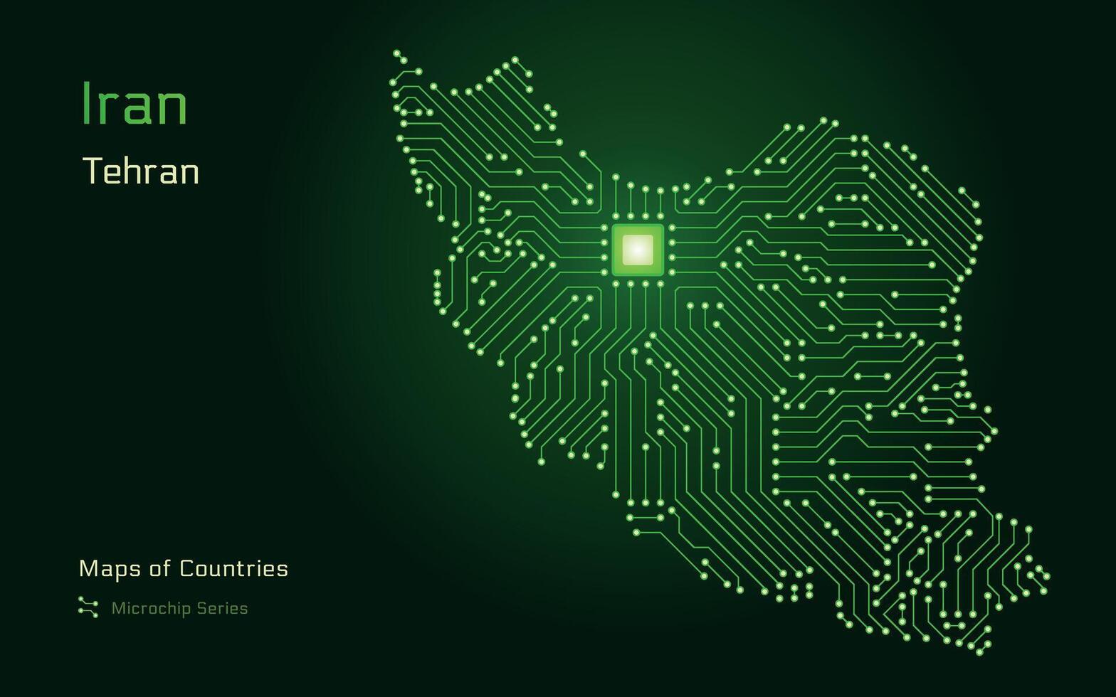 mi sono imbattuto carta geografica con un' capitale di tehran mostrato nel un' microchip modello con processore. e-governo. mondo paesi vettore mappe. microchip serie