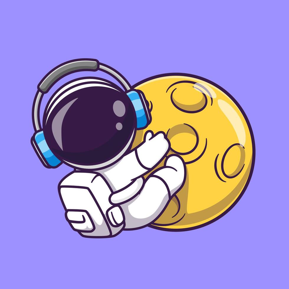 carino astronauta abbraccio Luna con cuffie cartone animato vettore icona illustrazione. scienza tecnologia icona concetto isolato premio vettore. piatto cartone animato stile