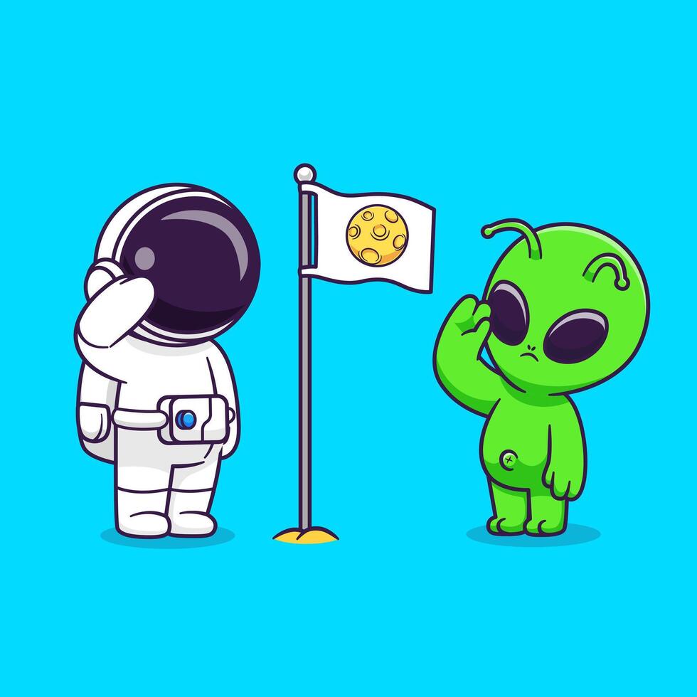 carino astronauta e carino alieno rispetto Luna bandiera cartone animato vettore icona illustrazione. scienza tecnologia icona concetto isolato premio vettore. piatto cartone animato stile