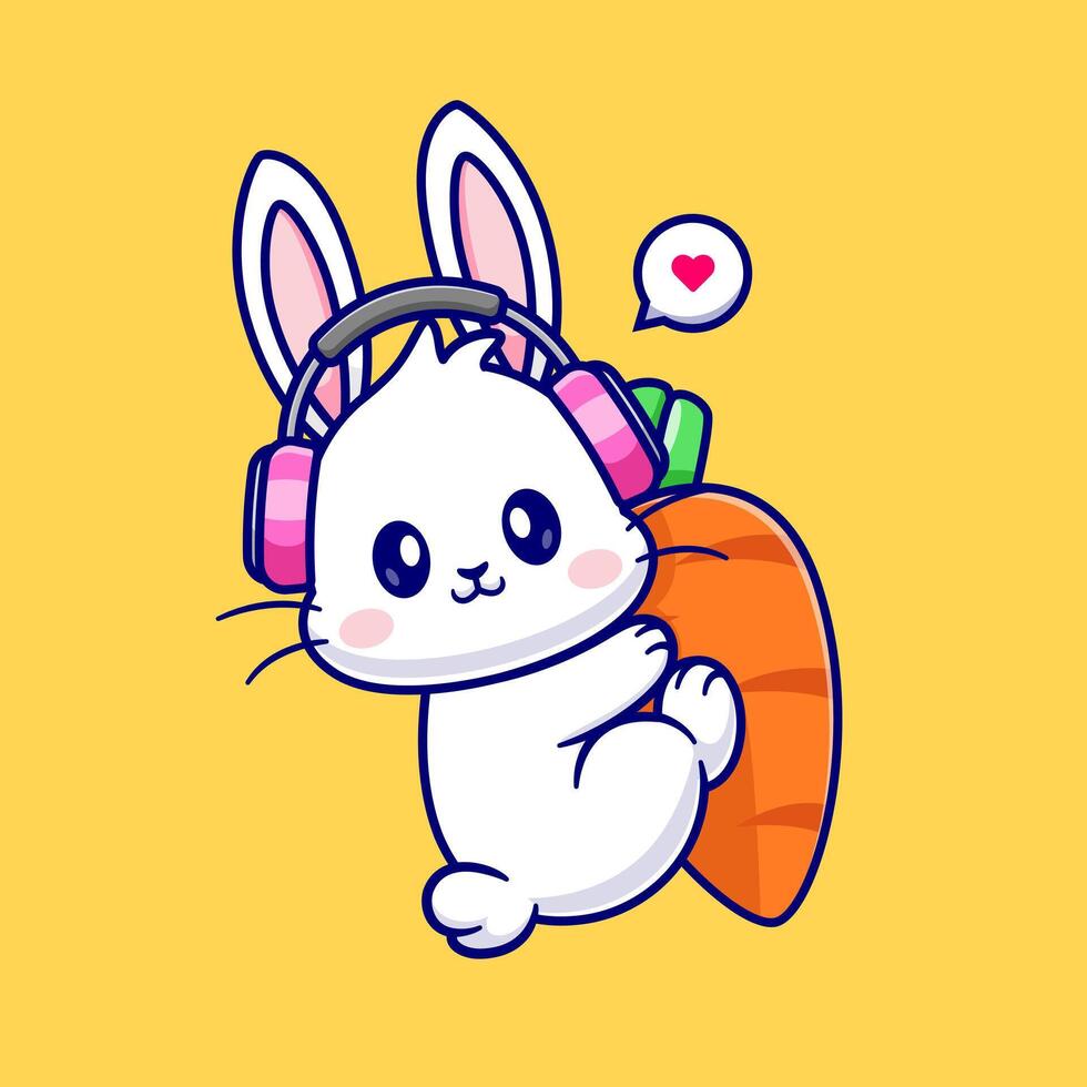 carino coniglio abbraccio carota con cuffie cartone animato vettore icona illustrazione. animale natura icona concetto isolato premio vettore. piatto cartone animato stile