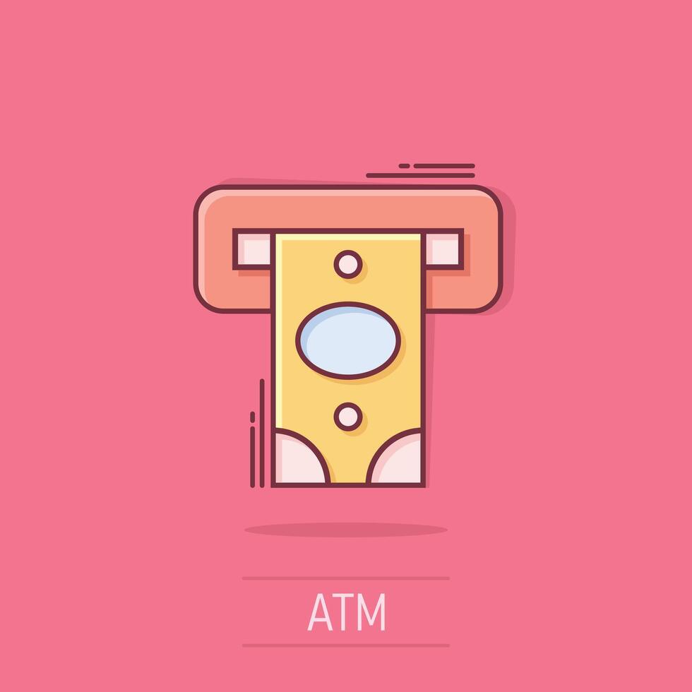 i soldi ATM icona nel comico stile. scambio denaro contante cartone animato vettore illustrazione su isolato sfondo. banconota conto spruzzo effetto attività commerciale concetto.