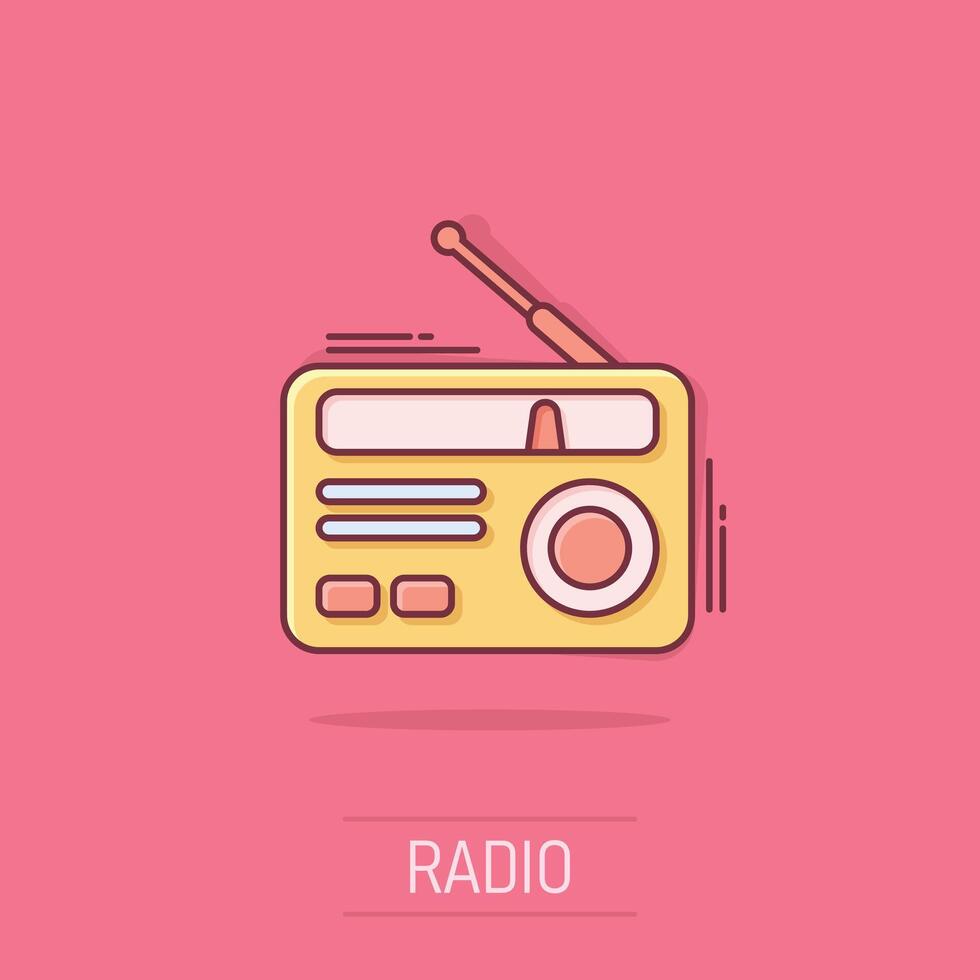 Radio icona nel comico stile. fm trasmissione cartone animato vettore illustrazione su isolato sfondo. trasmissione radiofonica spruzzo effetto attività commerciale concetto.