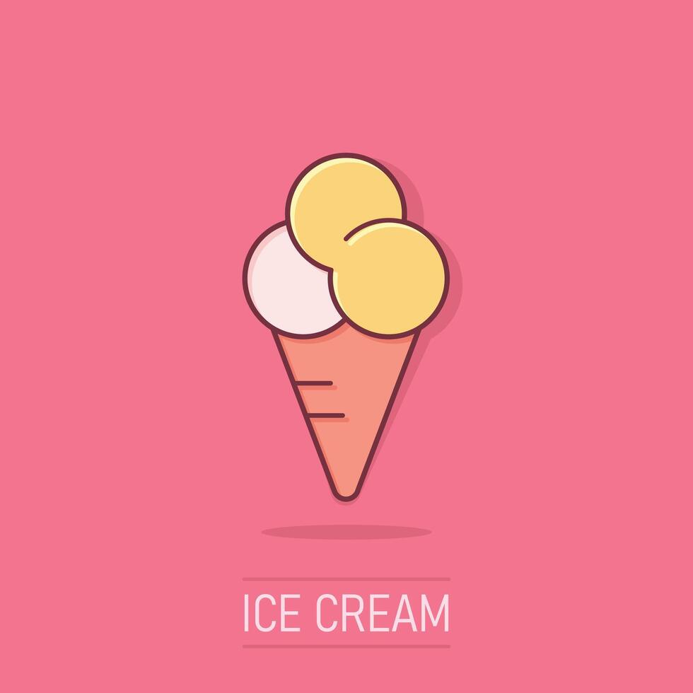 ghiaccio crema icona nel comico stile. coppa di gelato guarnita cartone animato vettore illustrazione su isolato sfondo. sorbetto dolce spruzzo effetto attività commerciale concetto.