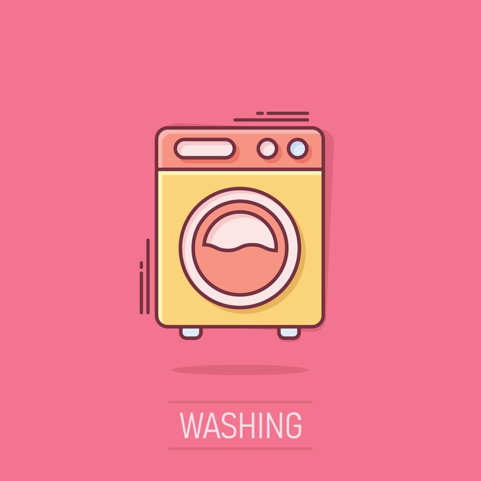 lavaggio macchina icona nel comico stile. rondella cartone animato vettore illustrazione su isolato sfondo. lavanderia spruzzo effetto attività commerciale concetto.