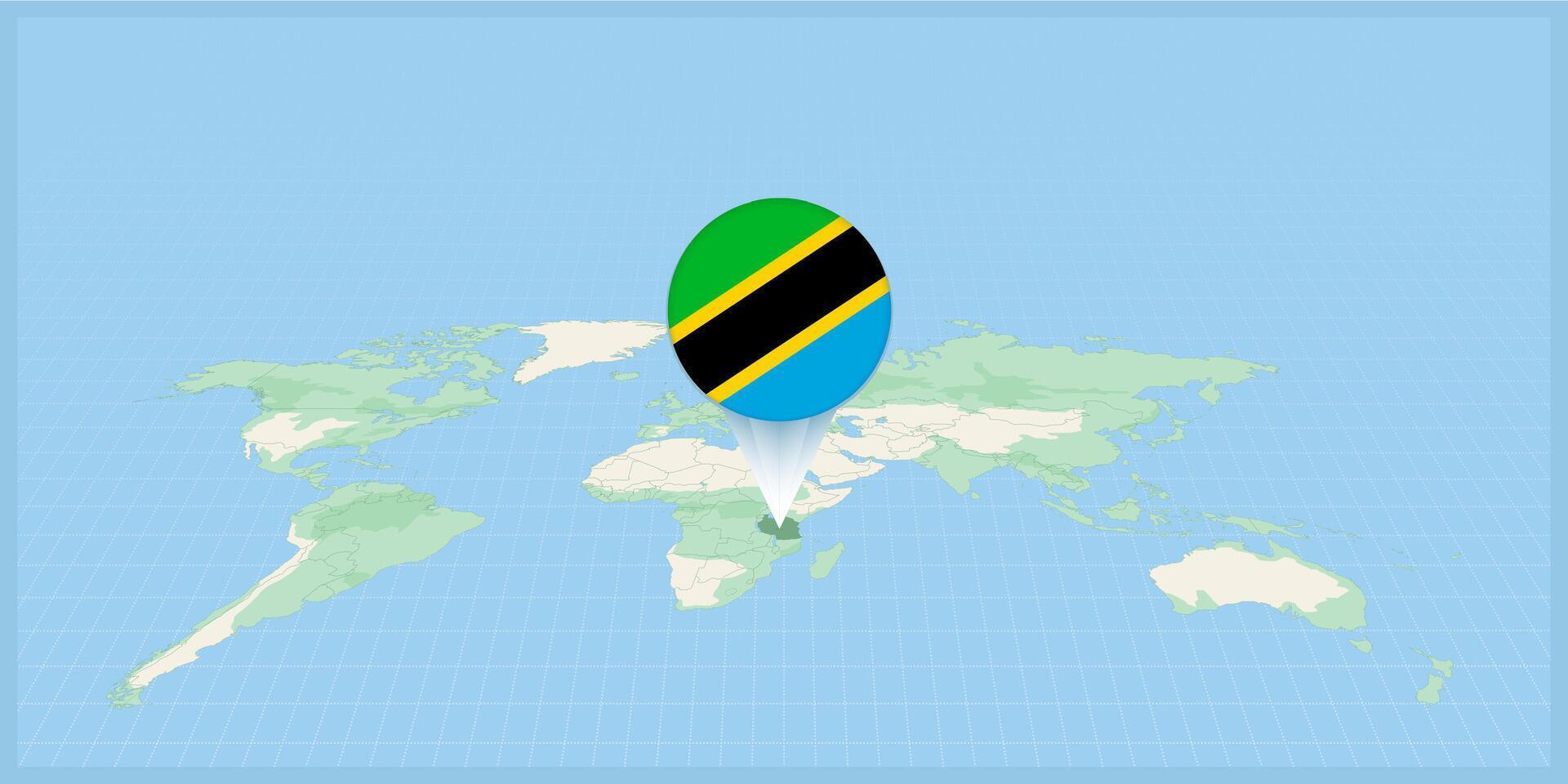 Posizione di Tanzania su il mondo carta geografica, segnato con Tanzania bandiera spillo. vettore