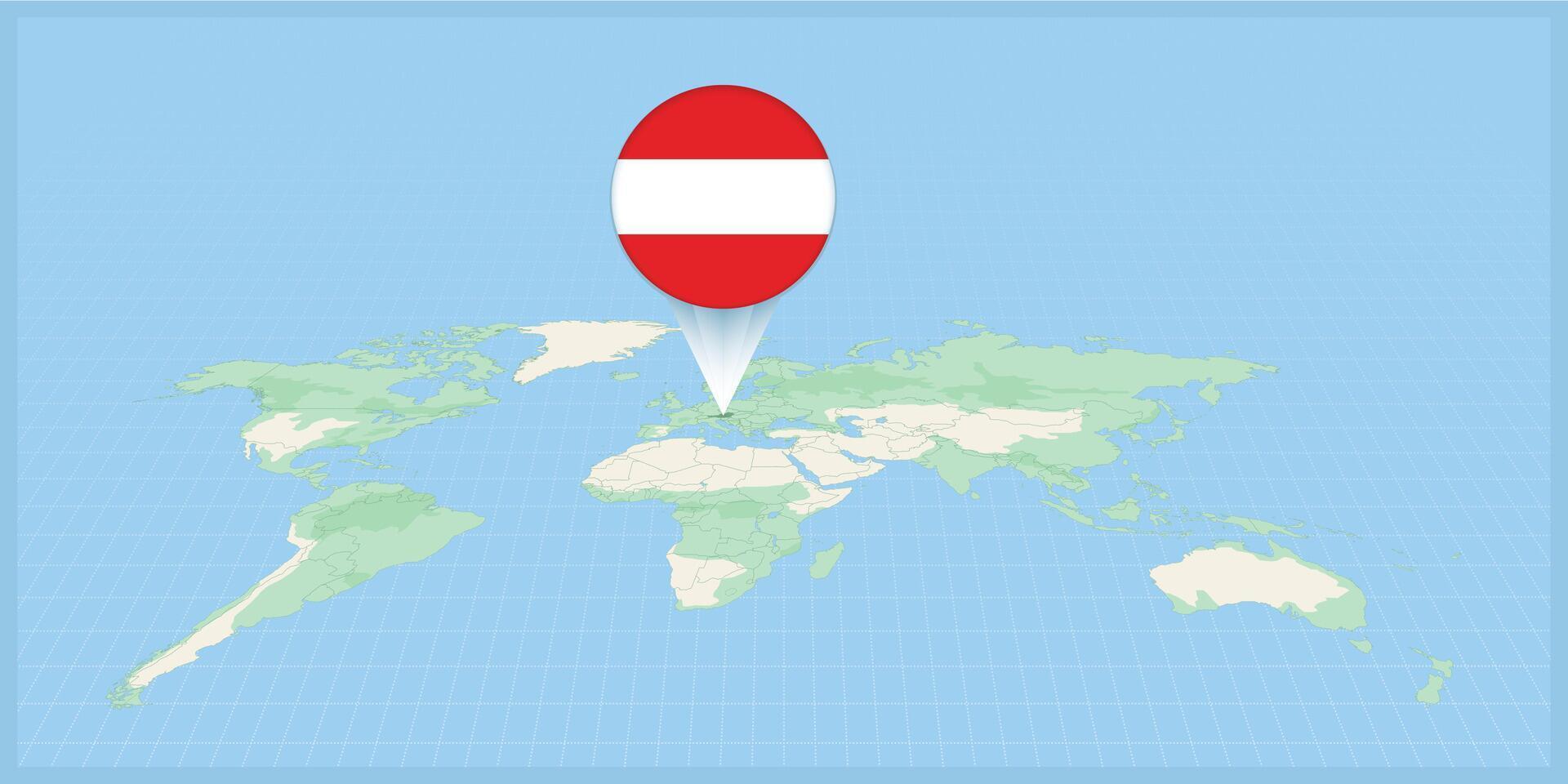 Posizione di Austria su il mondo carta geografica, segnato con Austria bandiera spillo. vettore