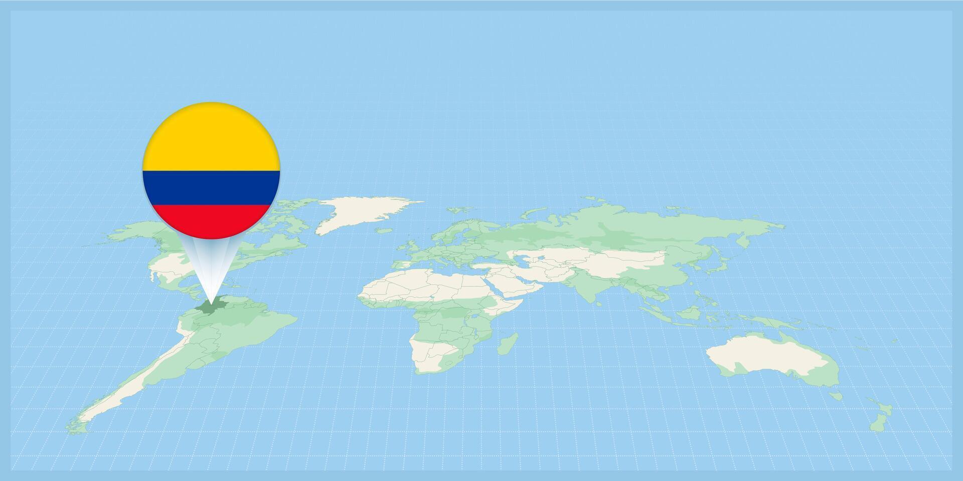 Posizione di Colombia su il mondo carta geografica, segnato con Colombia bandiera spillo. vettore