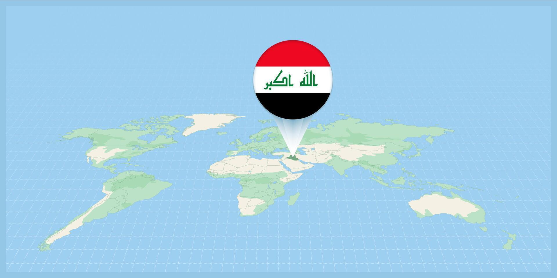 Posizione di Iraq su il mondo carta geografica, segnato con Iraq bandiera spillo. vettore