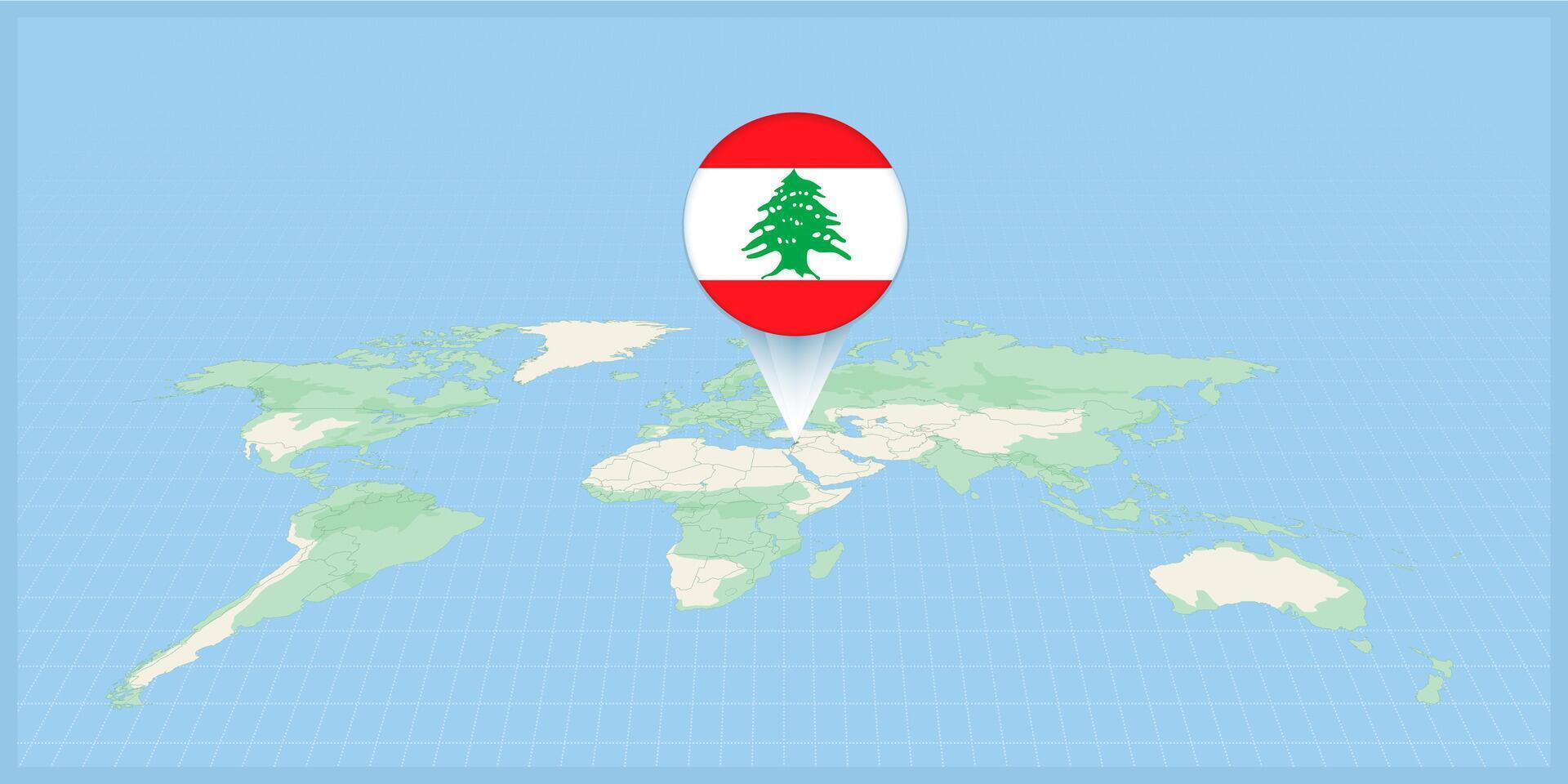 Posizione di Libano su il mondo carta geografica, segnato con Libano bandiera spillo. vettore