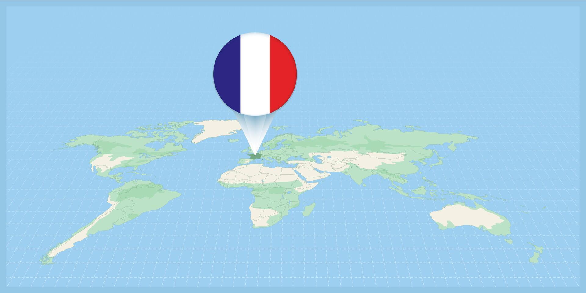 Posizione di Francia su il mondo carta geografica, segnato con Francia bandiera spillo. vettore