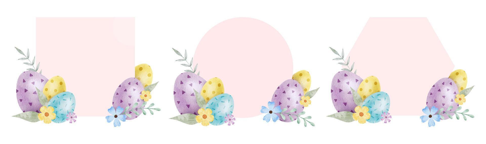 telaio di carino colorato Pasqua uova, fiori e le foglie. sfondo con Pasqua uova con pastello colori. isolato acquerello illustrazione. modello per Pasqua carte, copertine, manifesti e inviti. vettore