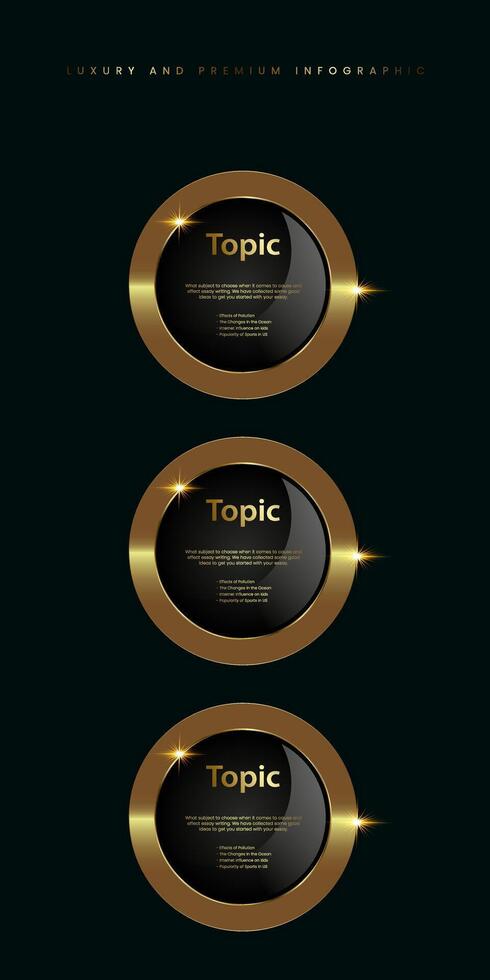 gruppo di tre lusso, oro brillante pulsante, metallico d'oro infografica, vettore icona su buio sfondo