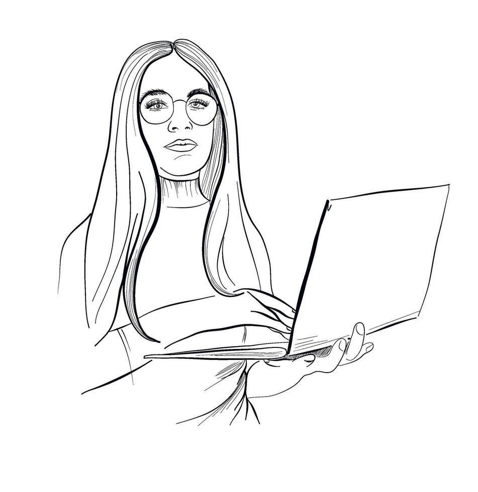 mano disegno di un' ragazza Tenere un' il computer portatile vettore