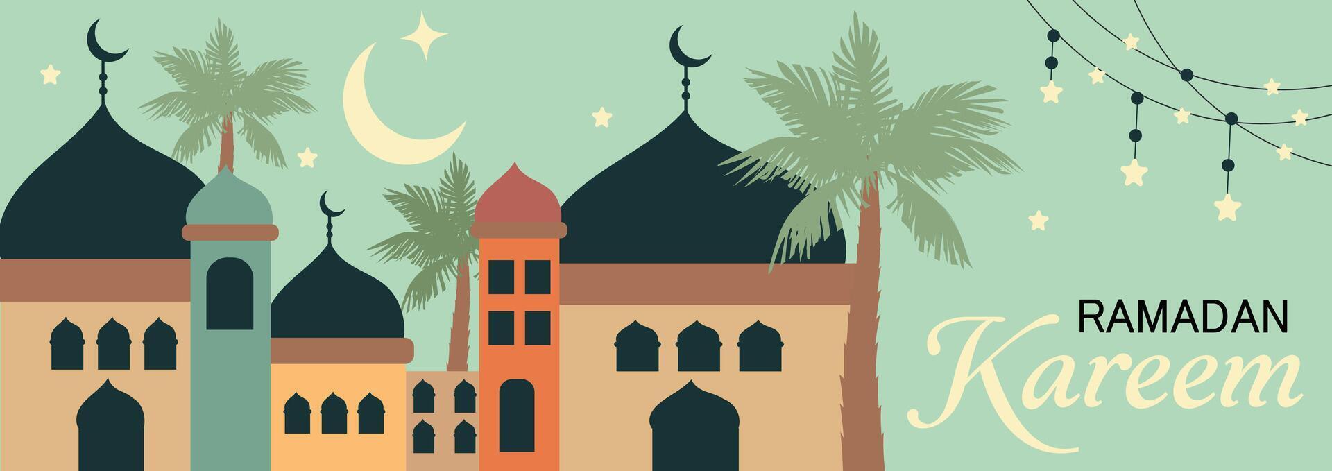 Ramadan kareem striscione, manifesto vacanza copertina modello. moderno arte design nel pastello colori con modello di bellissimo arabo vecchio antico città contro il fondale di un' luminosa mezzaluna Luna e stelle vettore