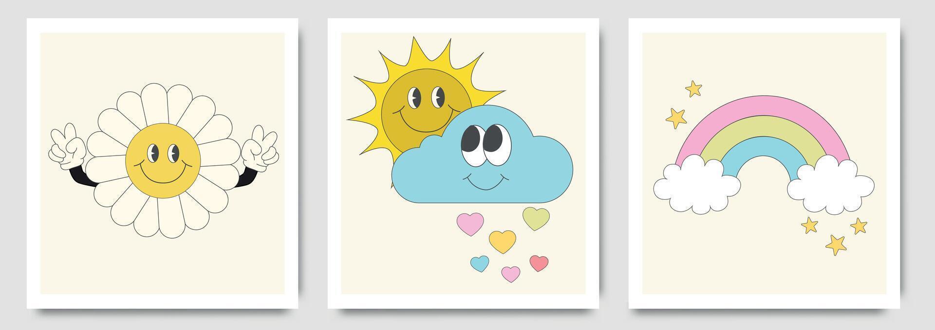 bambini parete arte vettore collezione. carino mano disegnato design con fiore, nube, sole, cuore, arcobaleno. sfondo sfondo design per ragazzo camera decorazione, asilo parete arte, bambino e giocattolo carta e coperchio.