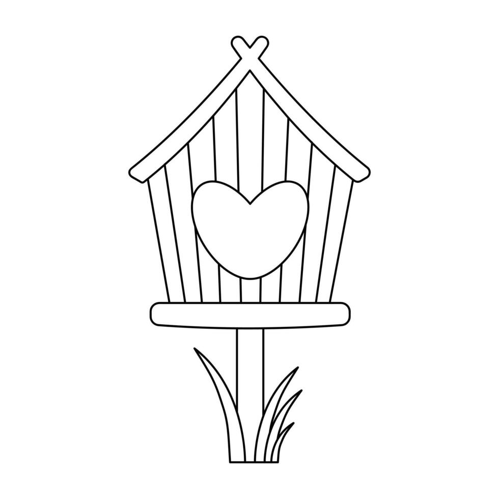 carino birdhouse con erba. scarabocchio dolce casa. vettore lineare illustrazione.