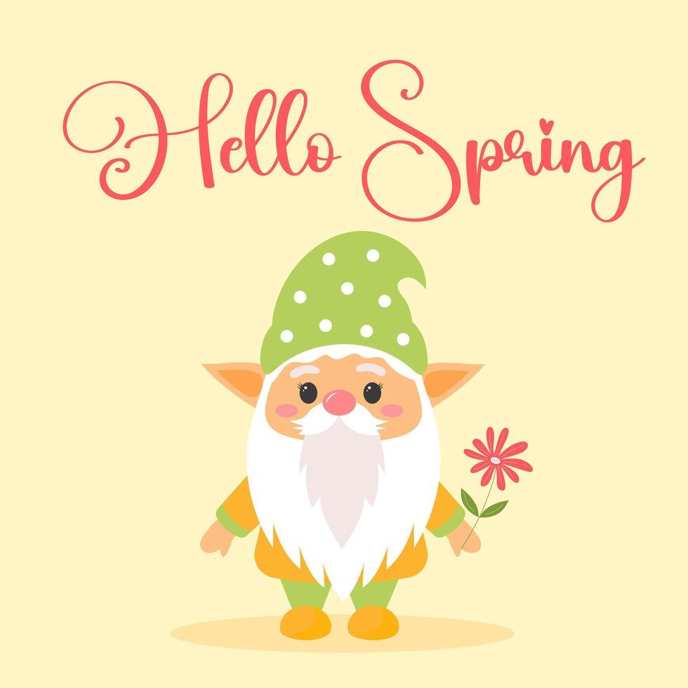 Ciao primavera saluto carta con carino giardino gnomo. adorabile personaggio scandinavo nano con fiore. piatto cartone animato vettore illustrazione.