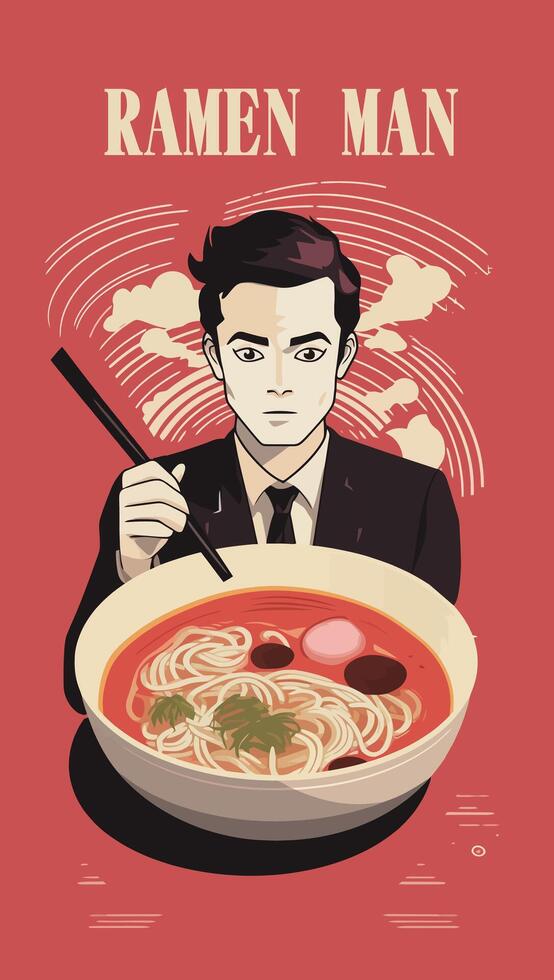 illustrazione di uomo mangiare ramen con rosso sfondo per ramen menù o manifesto ramen ristorante vettore