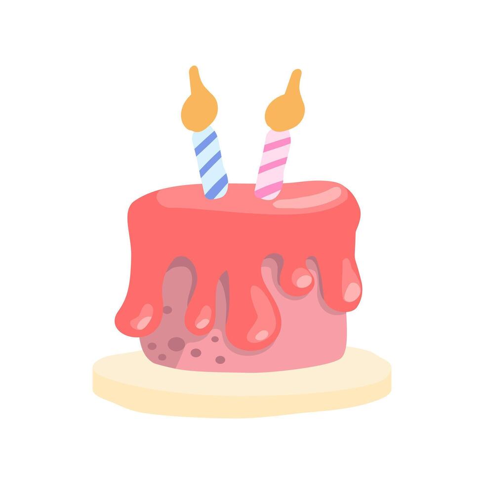 cartone animato torta con rosa crema e candela per 2 anni compleanno per carta, invito e striscione. vettore illustrazione