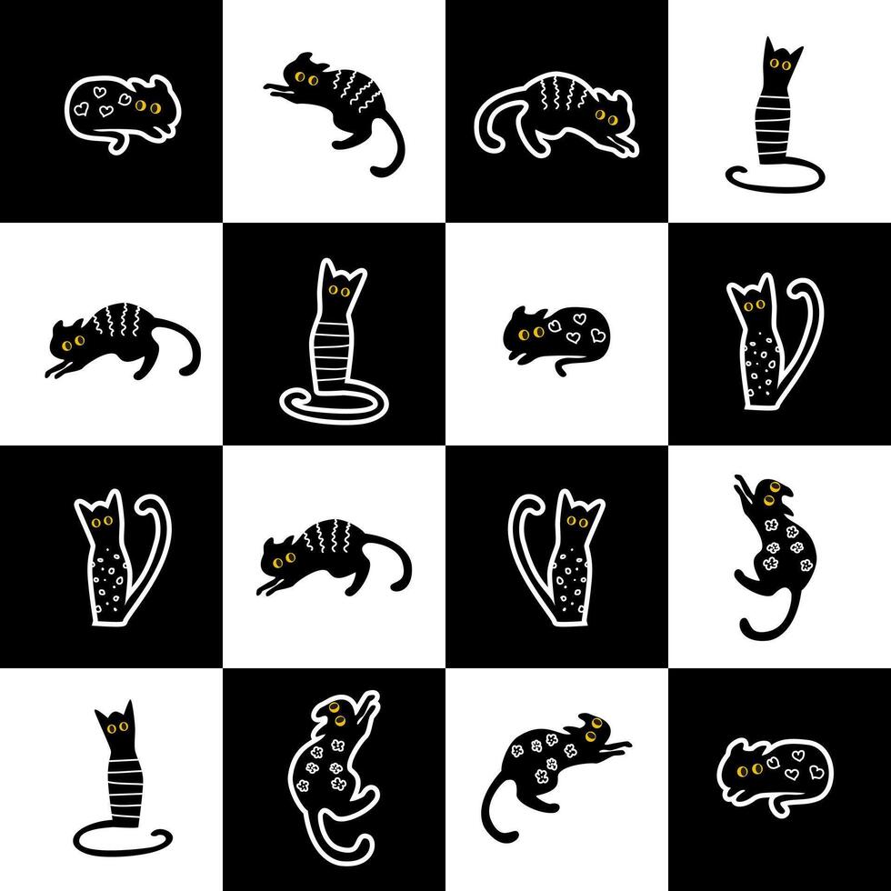 senza soluzione di continuità modello di adesivi di nero e bianca gatti su un' scacchi tavola. vettore