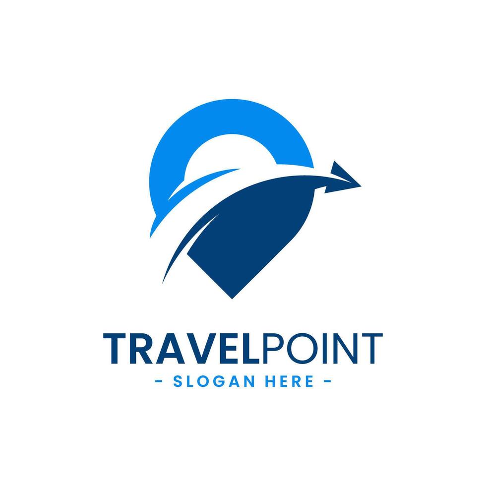 viaggio punto logo design modello. perno icona con aereo combinazione. concetto di vacanza, turismo, viaggio, esplorazione, eccetera. vettore