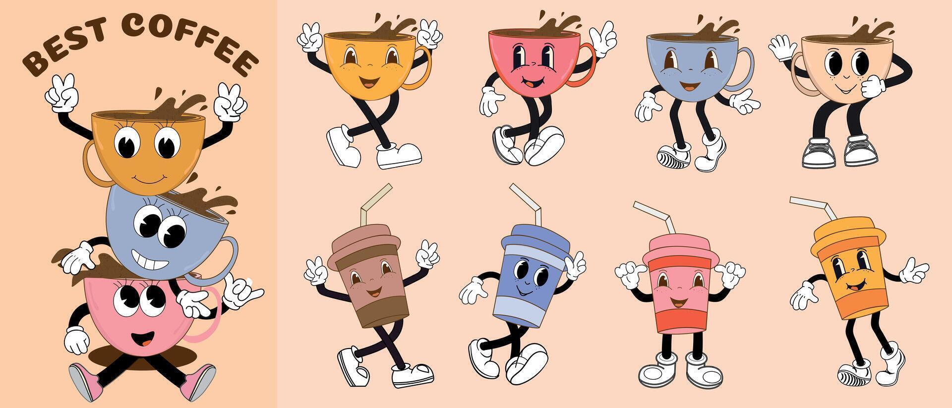 un' Groovy retrò impostato con un' caffè mascotte, divertente caffè tazze con diverso facciale espressioni e pose. divertente colorato personaggi nel scarabocchio stile, cacao, latte macchiato, caffè espresso e Americano. vettore. vettore