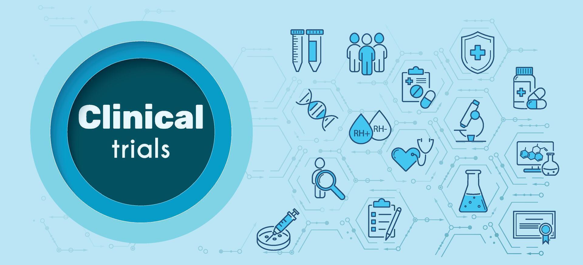 clinico studia, sperimentazioni, ricerche concetto su un' blu sfondo. confronto gruppo, test persona, siringa, pillole, microscopio, prova tubi, dna, test, prescrizione, rh fattore, sangue. vettore. carta tagliare stile. vettore