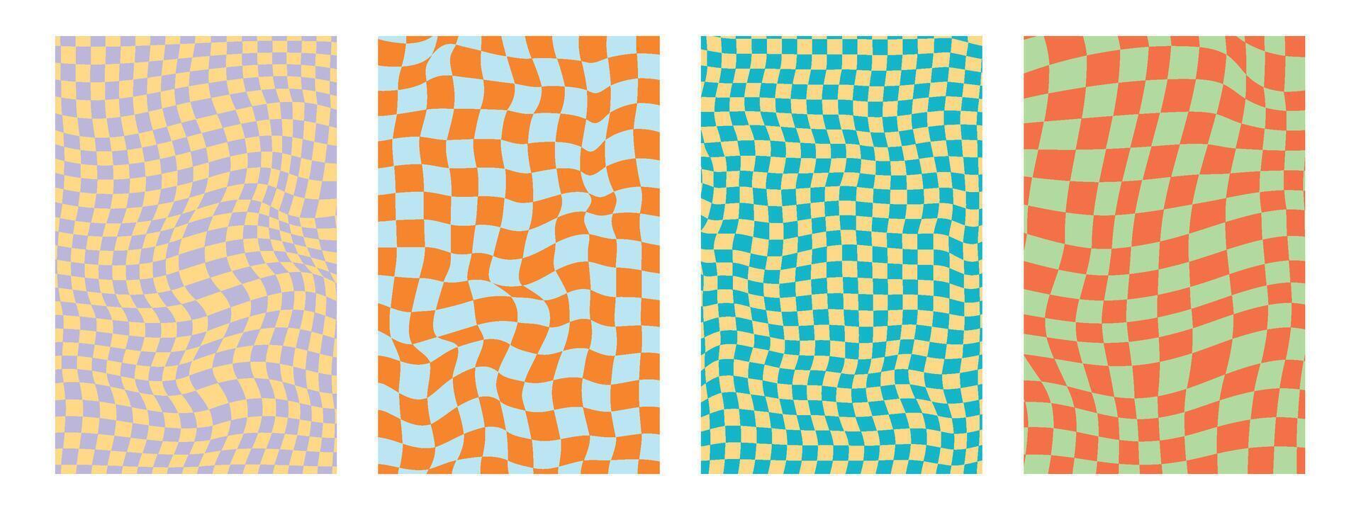 4 ondulato psichedelico checker modello. retrò impaurito y2k design. vettore illustrazione nel verde e arancia